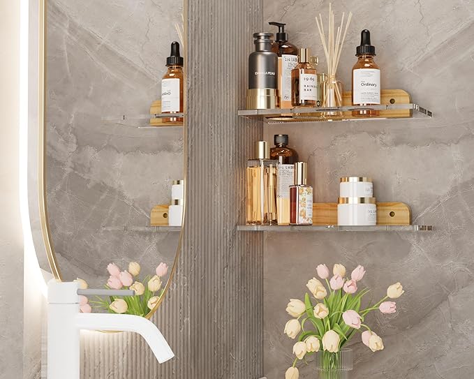 Small Acrylic Floating Shelf for Wall, Clear Acrylic Wall Shelf with Solid Wood Base, Thick Minimalist Display Shelf for Bathroom, Bedroom,Plants, Perfume, Nail Polish,Living Room & Decor