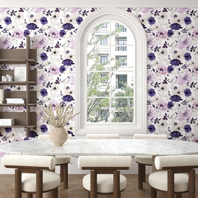 Watercolor Floral Peel and Stick Wallpaper,Purple/White/Pink Flower Contact Paper, Botanical Wall Paper Self Adhesive Removable Waterproof for Bedroom Shelves Cabinet Drawer Table Decor 17.5" x 393.7"