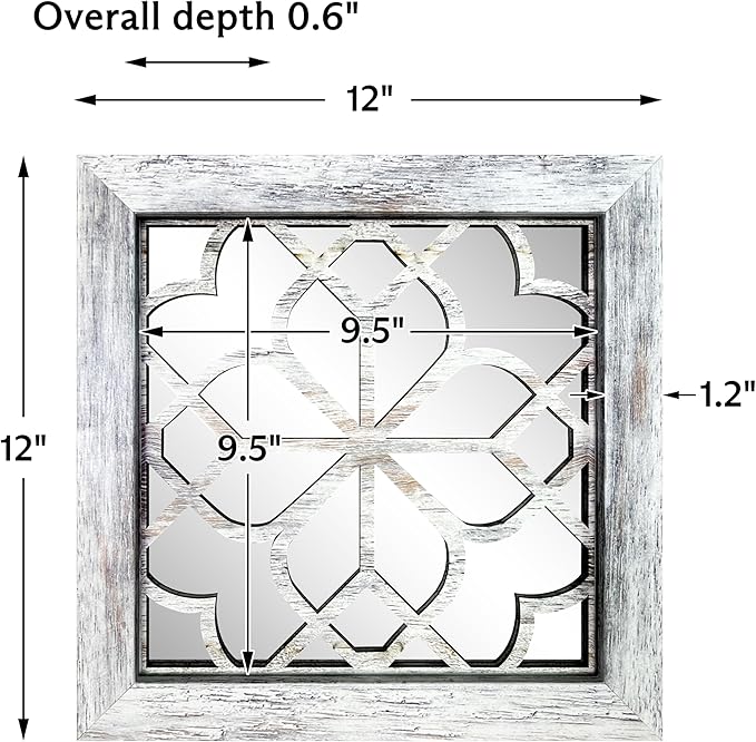 Set of 4 Boho Wall Mirrors with Carved Floral Design, 12x12 Inch Rustic Farmhouse Accent Mirrors, Vintage Style Shatterproof Square Mirror Decor for Living Room, Bedroom(Grey)