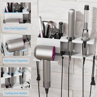 Hair Dryer Holder, Hair Tool Organizer Wall Mount, Metal Blow Dryer Holder, Curling Iron Holder, Curling Iron, Hair Dryer Wall Mount, Bathroom Accessories Tools Organizer, White