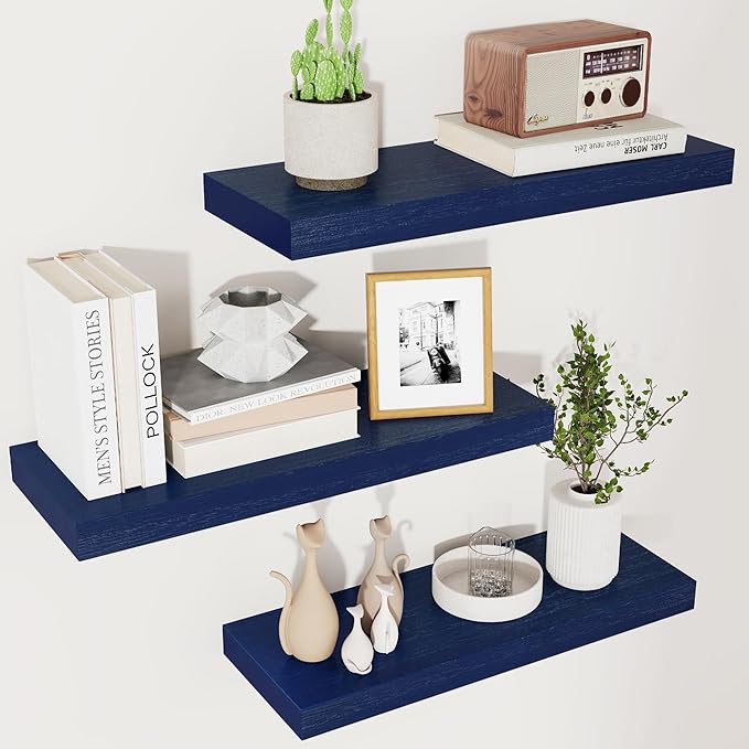 fuqing Blue Floating Shelves for Wall - Wood Wall Shelves Set of 3 - Dark Blue Shelves for Room Decor & Storage in Bedroom Living Room Bathroom Kitchen