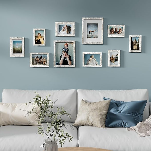 Vittanly Picture Frames Set of 10, Picture Frames Collage Wall Decor with Two 8x10, Four 5x7, and Four 4x6 Photo Frames, Gallery Wall Frame Set for Wall or Tabletop Display, Distressed White