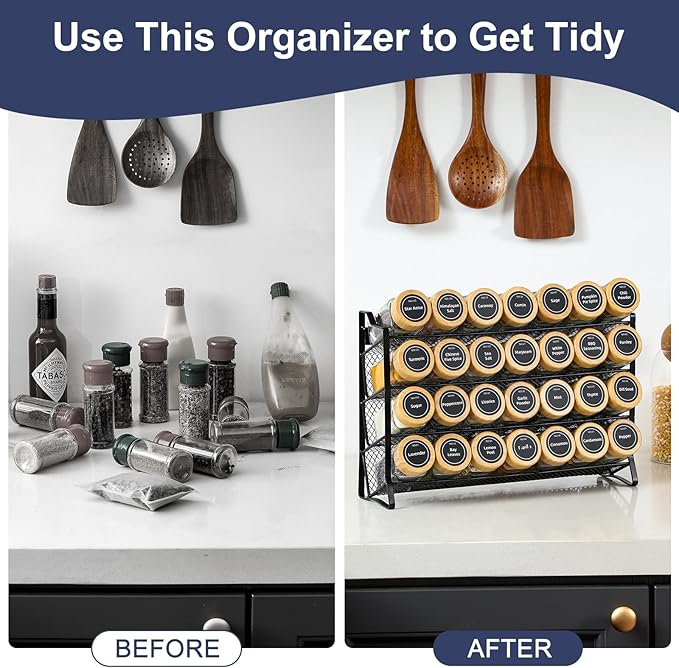 AOZITA Spice Rack Organizer for Cabinet, 28 Empty Spice Jars with Bamboo lids, Funnel, Spice Labels, Seasoning Organizer for Countertop, Cabinet, Kitchen, Pantry, Cupboard