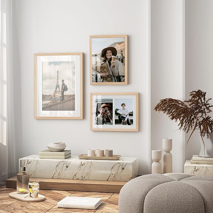 puthiac 16x20 Solid Oak Wood Picture Frame, Fits 12x16 with Mat or 16x20 Without Mat, Wall Display Only, Vertical or Horizontal, Plexi Front, 3 Pack, Natural Oak