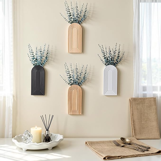 DREAMLOOM 2 Pack Wooden Wall Vases with Eucalyptus Artificial Plants, Wall Hanging Planters Boho Modern Farmhouse Indoor for Narrow Spaces Entryway Bathroom Home Office Decoration, White