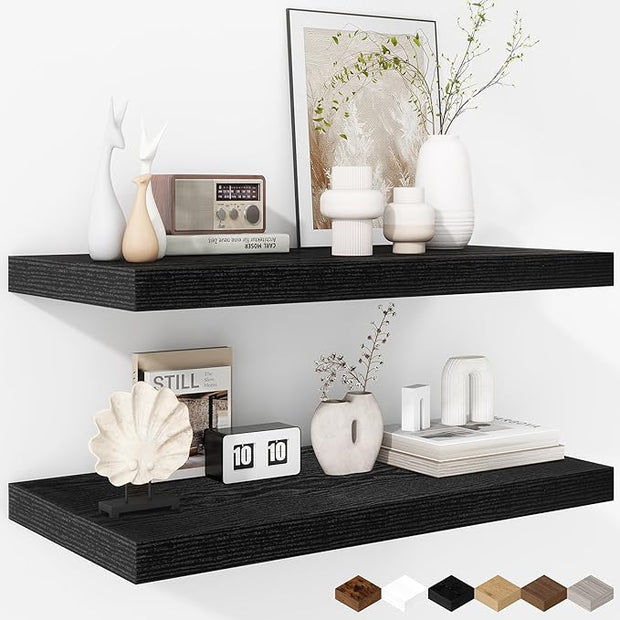 Fun Memories Floating Shelves - 2 Pack 12 Inch Rustic Wooden Wall Shelves - Extra Deeper & Thicker Wall Mounted Storage Shelf for Living Room, Kitchen, Farmhouse - 24" W x 12" D x 1.5"H - Rustic Black
