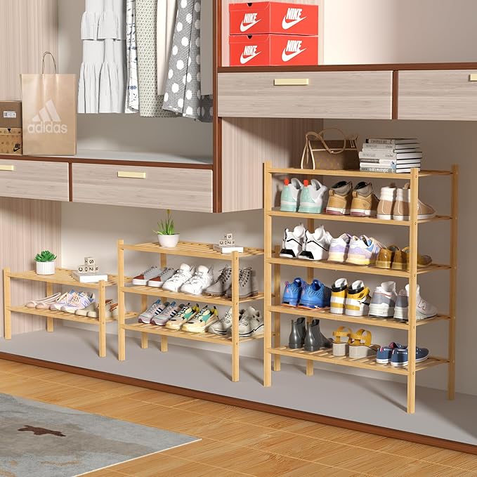 5 Tier Bamboo Shoe Rack for Closet Free Standing Wood Shoe Shelf for Entryway Small Space Stackable 27