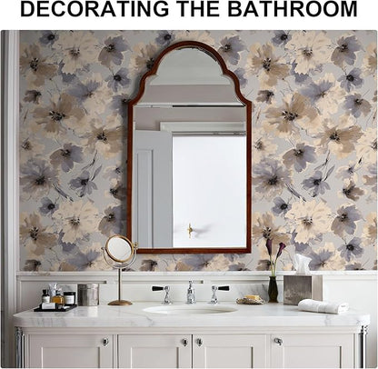 Purple Watercolor Floral Peel and Stick Wallpaper, 118" x 17.3" Vintage Removable Waterproof Self Adhesive Wall Paper, Brown Flower Contact Paper Peel and Stick for Classroom Cabinets 14.4 sq.ft