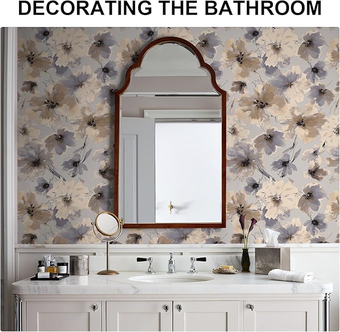 Purple Watercolor Floral Peel and Stick Wallpaper, 393" x 17.3" Vintage Removable Waterproof Self Adhesive Wall Paper, Brown Flower Contact Paper Peel and Stick for Classroom Cabinets 48.5 sq.ft