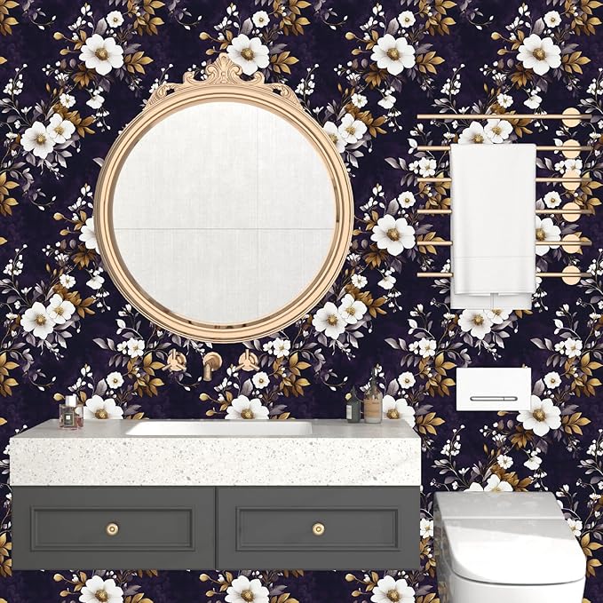 Vintage Floral Wallpaper Peel and Stick Purple White Flowers Contact Paper 17.5" x 118" Wall Paper Self Adhesive Vinyl Waterproof Removable for Kitchen Bathroom Shelves Cabinet Drawer Table Decor