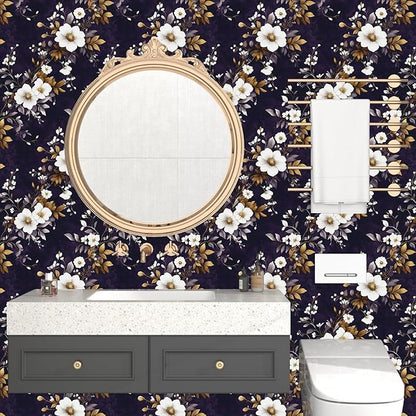 Vintage Floral Wallpaper Peel and Stick Purple White Flowers Contact Paper 17.5" x 118" Wall Paper Self Adhesive Vinyl Waterproof Removable for Kitchen Bathroom Shelves Cabinet Drawer Table Decor