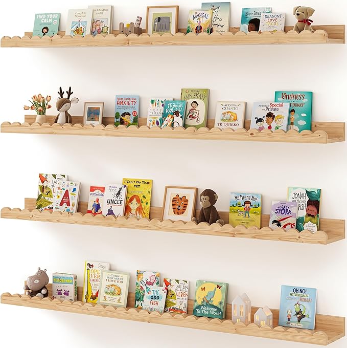 Shario Nursery Book Shelves, 4-Pack White Floating Shelves for Wall Kids, Scalloped Shelves, Wall Book Shelves for Bedroom Kids, Toddler Room, Baby Room, Nursery Decor (Wood, 47.2 Inches)