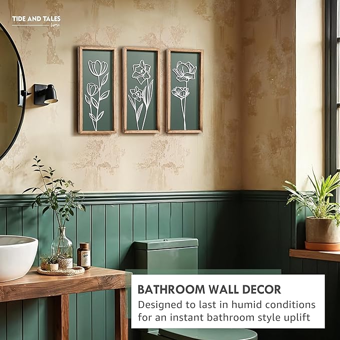 3D Floral Green Wall Art (Set of 3) Lightweight, Wooden Ready-to-Hang Boho Framed Wall Art for Bathroom, Master Bedroom, Living Room or Office - Premium Sage Green Farmhouse Decor - Gift-Boxed