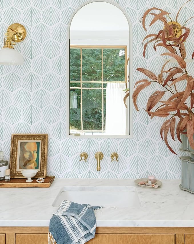 MelunMer Modern Peel and Stick Wallpaper Boho Contact Paper for Cabinets/Drawers 276In L 17.3In W Self Adhesive Removable Wallpaper for Bedroom/Bathroom Waterproof Geometric Contact Paper Green/White