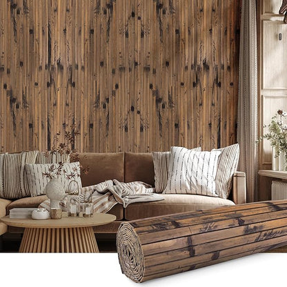 FONUNO Bamboo Wall Panel for Interior Decoration Bamboo Pole Wrap Roll Natural Wainscoting Paneling Decorative Wall Slat Covering for Living Room, Bedroom, Office (12 Inch x 96 Inch, Dark Burned)
