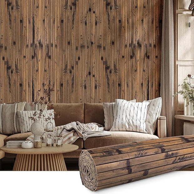 FONUNO Bamboo Wall Panel for Interior Decoration Bamboo Pole Wrap Roll Natural Wainscoting Paneling Decorative Wall Slat Covering for Living Room, Bedroom, Office (12 Inch x 96 Inch, Dark Burned)