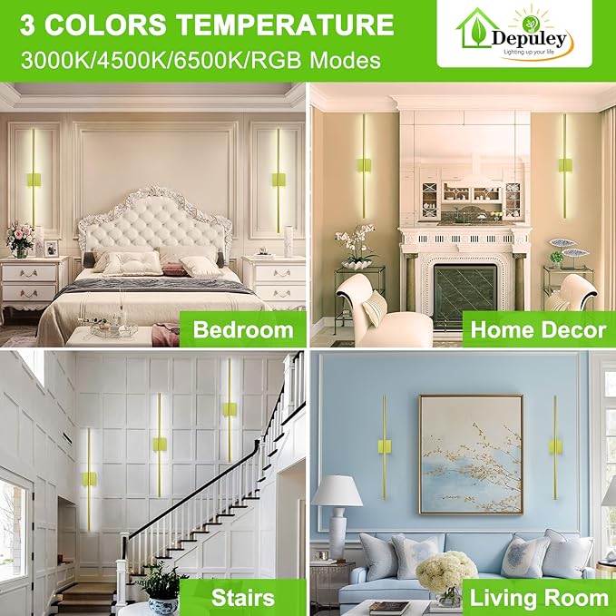 Depuley Battery Operated Wall Sconce: Set of 2 Wireless Wall Lights with Remote for Bedroom - Rechargeable 15 Colors Gold Wall Lamp for Living Room Hallway Home Decor
