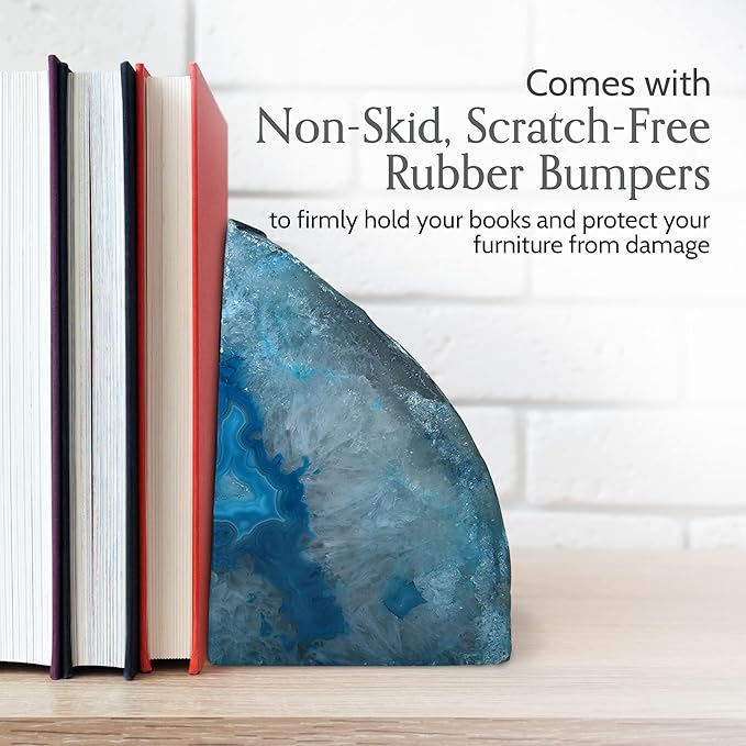 Nature's Decorations Agate Bookends - A Quality Teal Geode with Non-Skid Rubber Bumpers for Shelves, Office, Home Decor - Heavy Duty Cool Crystal Stone (2-3 LB)