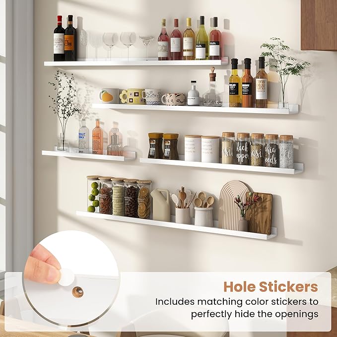 Fun Memories Picture Ledge Shelves Set of 4, 36 Inch Rustic Wall Mounted Floating Shelves with Lip for Home Storage and Décor in Bathroom, Kitchen, Nursery, Bedroom, Living Room, White
