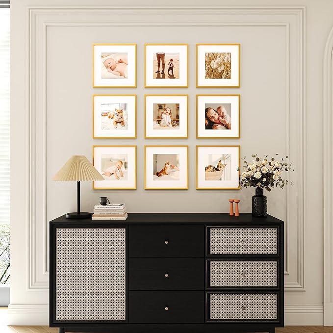 8x8 Picture Frame Set of 9, Display Pictures 4x4 with Mat or 8x8 without Mat, Multi Collage Gallery Square Photo Frames for Wall or Tabletop, Gold