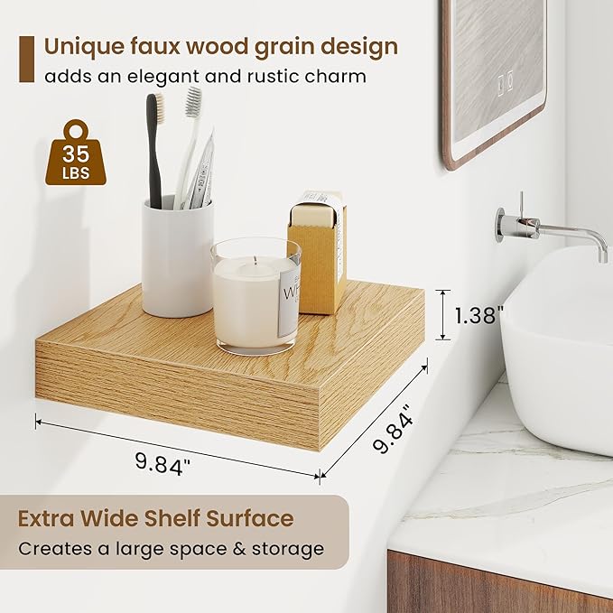Marsmiles Square Floating Shelves for Wall, 10" W x 10" D x 1.25" H, 3 Packs Small Wall Mounted Engineered Wood Shelves with Invisible Brackets for Living Room, Bedroom, Bathroom, Kitchen Decor, Oak