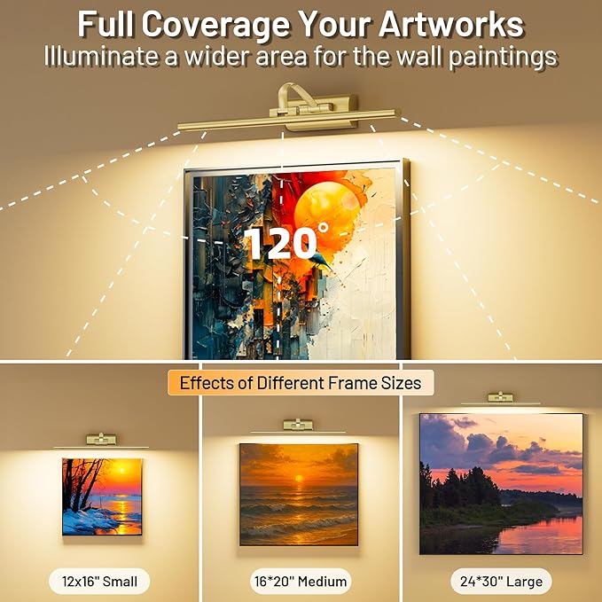 AIFEI Picture Lights for Wall Battery Operated, Rechargeable Wireless Picture Light with Remote Control, Dimmable Art Lighting for Paintings, Gallery Frame Display Light, 16" Wall Picture Lamp, Brass