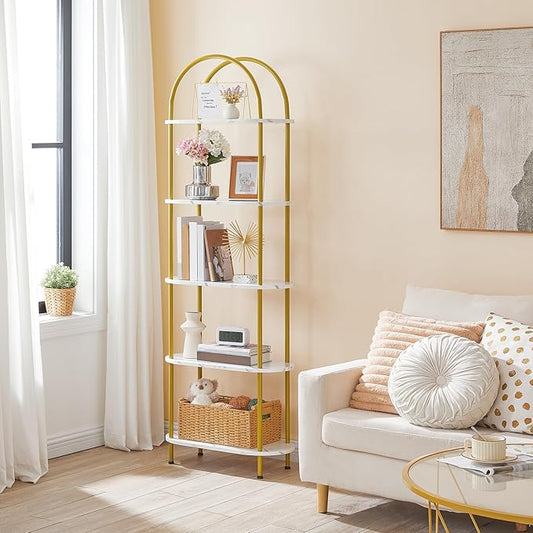 HOOBRO 5 Tier Open Bookshelf, Industrial Arched Bookcase Display Shelf Rack, Wooden Bookcase Storage Shelf Metal Frame, Tall Storage Organizer for Home, Easy Assembly, Gold DM176SJ01