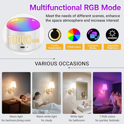 Battery Operated Wall Sconces Set of Two, Rechargeable Wireless Wall Lights with 10000mAh RGB Dimmable Detachable Bulb, Battery Sconces Wall Decor with Remote for Bedroom Living Room Hallway