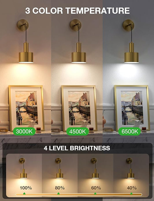 NIORSUN Battery Operated Wall Sconce Set of 2, Gold Wireless Rechargeable Wall Lights with 5200mAh Dimmable Detachable Bulbs and Remote, 9 Colors Sconces Wall Decor for Bedroom Living Room Hallway