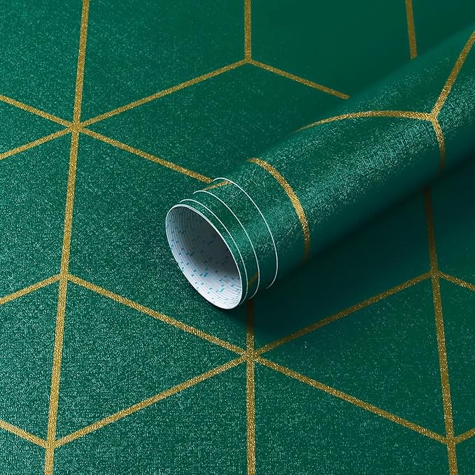 Safiyya Peel and Stick Wallpaper Gold and Dark Green Wall Paper Geometric Contact Paper Self Adhesive Removable Wallpaper for Walls Vinyl Roll 118"x17.3"