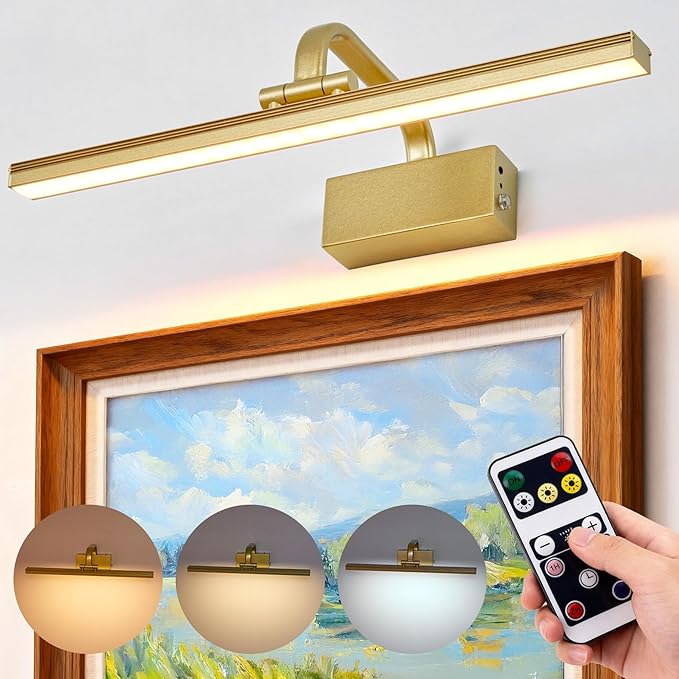 Picture Light,Picture Lights for Wall Cordless,16" Picture Lights with Timer and Dimmable,Battery Wall Lights for Display Gallery Painting Art Frame Portrait-L Gold