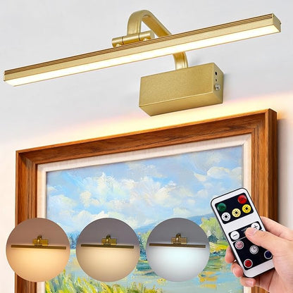 Picture Light,Picture Lights for Wall Cordless,16" Picture Lights with Timer and Dimmable,Battery Wall Lights for Display Gallery Painting Art Frame Portrait-L Gold