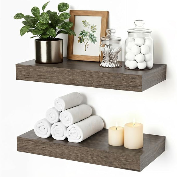 Floating Shelves for Wall, Bathroom Shelves Over Toilet, Wall Shelves & Book Shelf, Hanging Shelf, Modern Wooden Wall-Mounted Samll Floating Shelves, 12x7x1.5 in (Smoke-Gray, Set of 2)