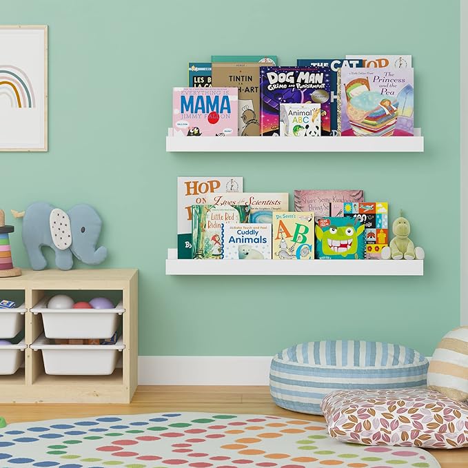 Wallniture Denver 34" White Wall Bookshelf for Kids' Room, Wall Floating Shelves for Nursery Decor, Set of 2
