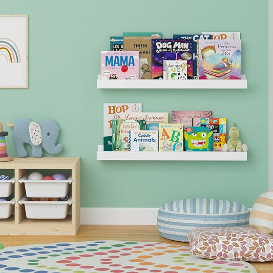 Wallniture Denver 34" White Wall Bookshelf for Kids' Room, Wall Floating Shelves for Nursery Decor, Set of 2