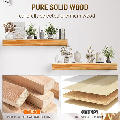 32 Inch Picture Ledge Shelf with Lip,Floating Shelves for Wall, Set of 2 Solid Pine Wood Shelves with Invisible Brackets, Wall Storage for Living Room, Bedroom, Kitchen, Bathroom(Carbonized Brown)