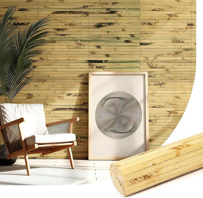 Natural Bamboo Wall Panel for Interior Wall Decor, Renewable Pole Wrap Wainscoting Paneling for Wall Ceiling Furniture Cabinet Office, 12 x 96 Inch, Light Burned