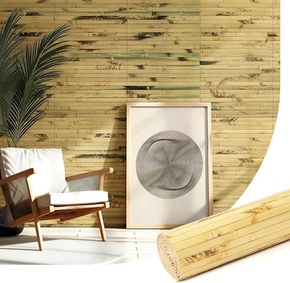 Natural Bamboo Wall Panel for Interior Wall Decor, Renewable Pole Wrap Wainscoting Paneling for Wall Ceiling Furniture Cabinet Office, 12 x 96 Inch, Light Burned
