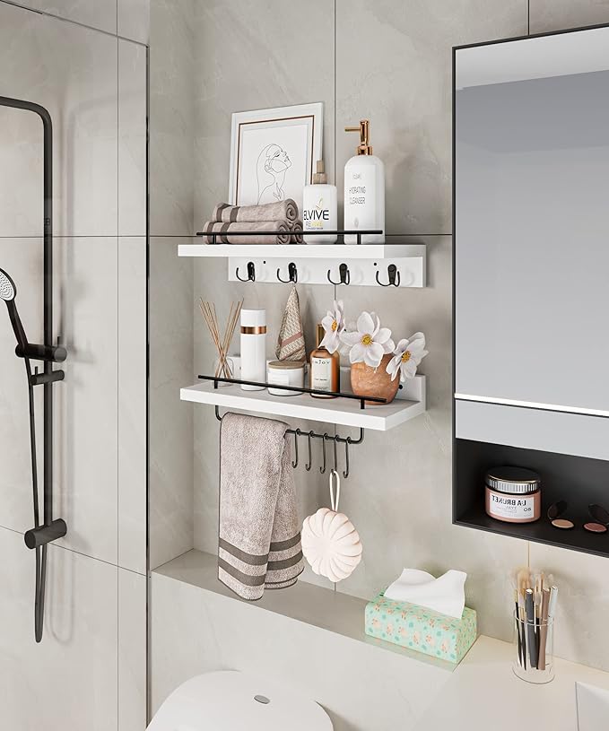 2 Floating Shelves with Hooks, Wall Mounted Coat Rack, Bathroom Shelf with Removable Towel Bar, Hanging Shelves with 9 Hooks, White