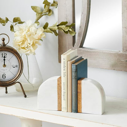 Deco 79 Marble Decorative Bookends 5 lbs Non Skid Bookends with Wood Details, Set of 2 Office Bookends4"W, 5"H, White