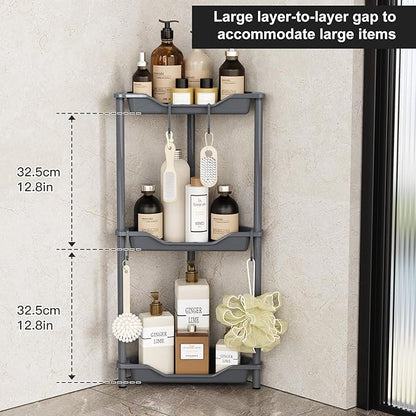 Orimade Rustproof 3 Tier Floor Standing Corner Shower Caddy Organizer, Plastic Metal Splicing Floor Corner Shelf Rack Stands for Bathroom, Grey