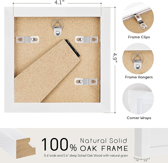 puthiac 4x4 Solid Oak Wood Picture Frame, Fits 3x3 with Mat or 4x4 Without Mat, Wall or Tabletop Display with Stand, Plexi Front, 3 Pack, White