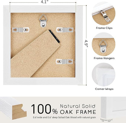 puthiac 4x4 Solid Oak Wood Picture Frame, Fits 3x3 with Mat or 4x4 Without Mat, Wall or Tabletop Display with Stand, Plexi Front, 3 Pack, White