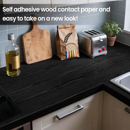COSNIGHT Black Peel and Stick Wallpaper, Wood Grain Contact Paper Self Adhesive 15.7'' x 196'' Vinyl Wrap, Removable Wall Paper for Kitchen Countertop, Cabinet, Drawer, Shelf Liner