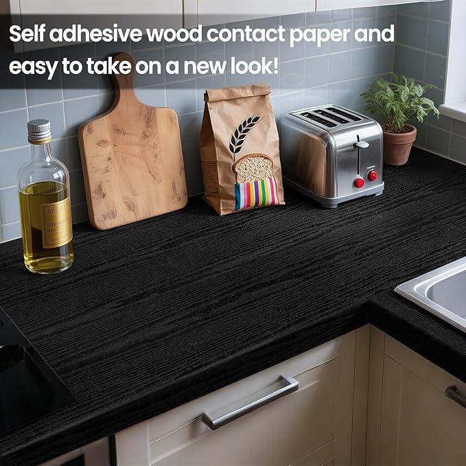 COSNIGHT Black Peel and Stick Wallpaper, Wood Grain Contact Paper Self Adhesive 15.7'' x 393'' Vinyl Wrap, Removable Wall Paper for Kitchen Countertop, Cabinet, Drawer, Shelf Liner