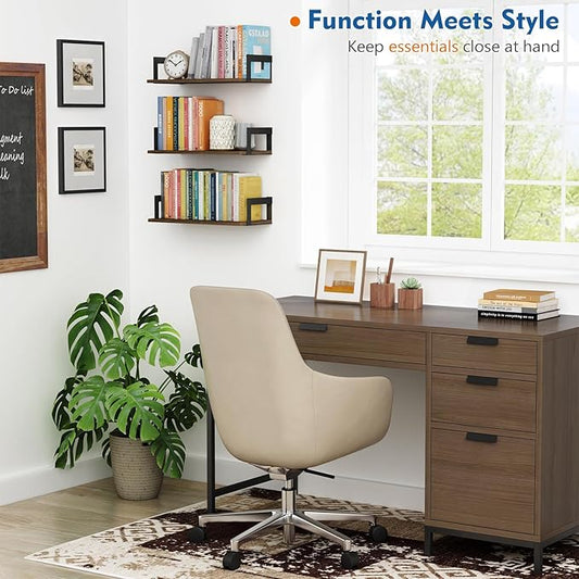 Floating Book Shelves for Wall Set of 3, 17 x 8 Inch Deep Wooden Wall Bookshelf for Bedroom Office, Rustic Wood Hanging Wall Shelves for Living Room Kitchen (Dark Brown)