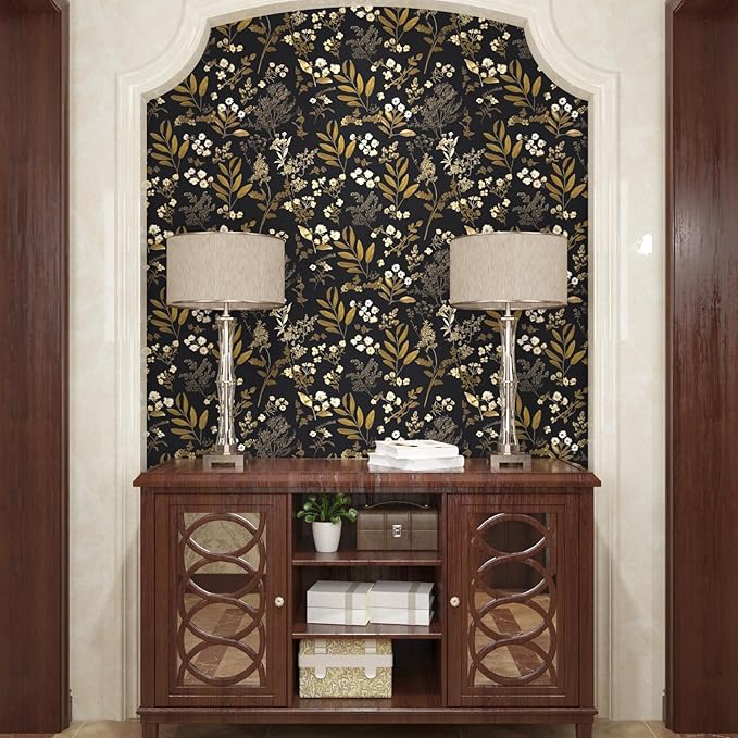 Leaf Wallpaper Peel and Stick Dark Floral Wallpaper 17.5in x 197in Vintage Leaf Contact Paper Vinyl Waterproof Self Adhesive Boho Botanical Wall Paper for Bedroom Cabinet Décor