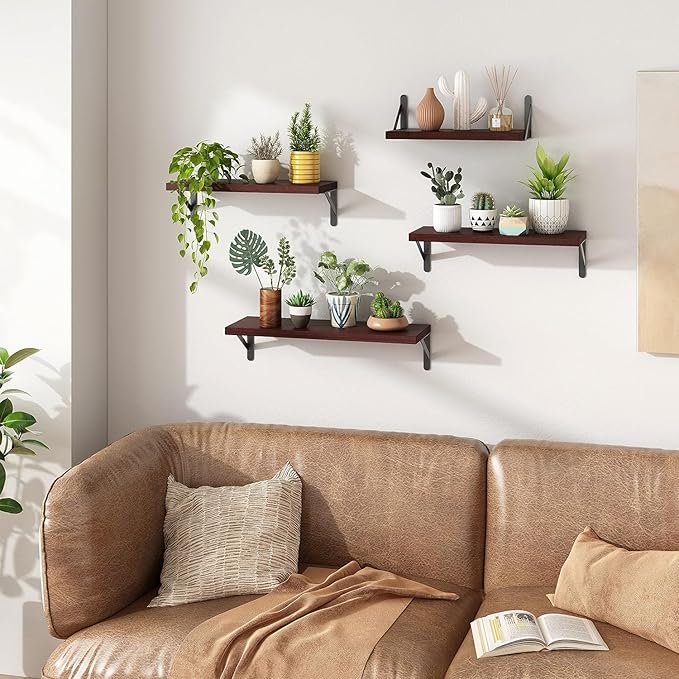 YGEOMER Floating Shelves for Wall, Different Sizes Walnut Red Brown Wall Shelves for Living Room, Bathroom, Bedroom, Kitchen, Home Decor (Set of 4)