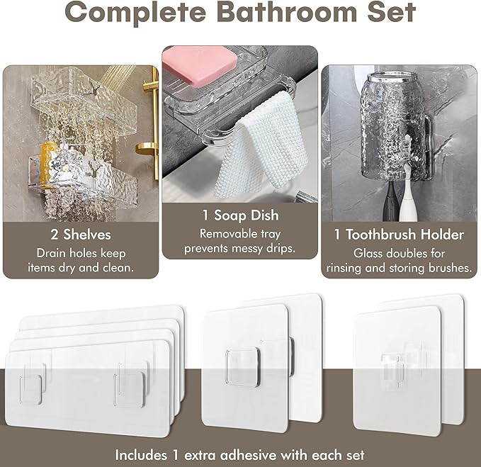 Acrylic Shower Shelves with Soap Dish & Toothbrush Holder, Clear Plastic Shower Caddy, Adhesive Bathroom Organizer Wall Mount, No Drill Installation 4 Pack