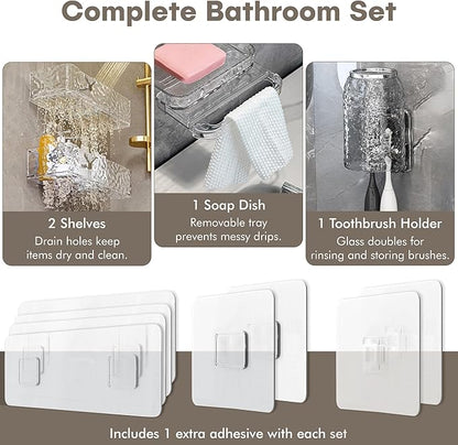 Acrylic Shower Shelves with Soap Dish & Toothbrush Holder, Clear Plastic Shower Caddy, Adhesive Bathroom Organizer Wall Mount, No Drill Installation 4 Pack